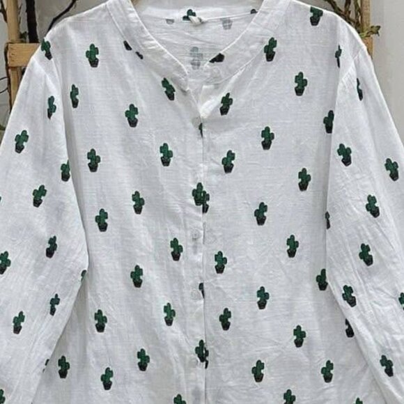 White Button Down Blouse With Green Cactus Print - Picture 2 of 4